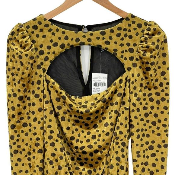 4SI3NNA Gold Leopard Velvet Bodysuit Long Puff Sleeves Front Cutout Women Medium - Picture 2 of 10
